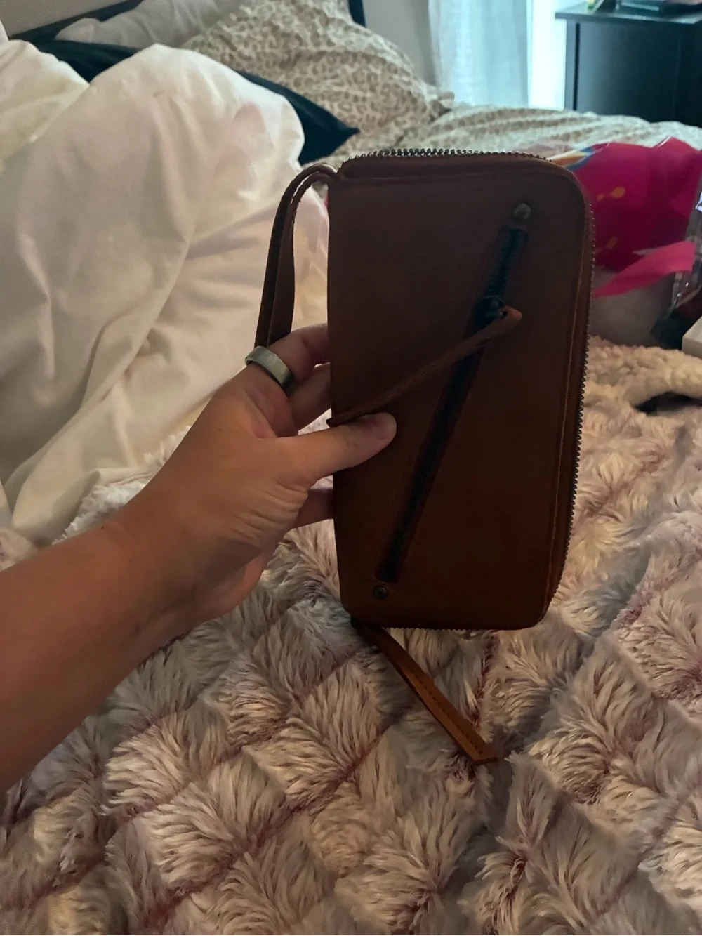 Free People Tan Leather Wristlet Wallet with Front Zip